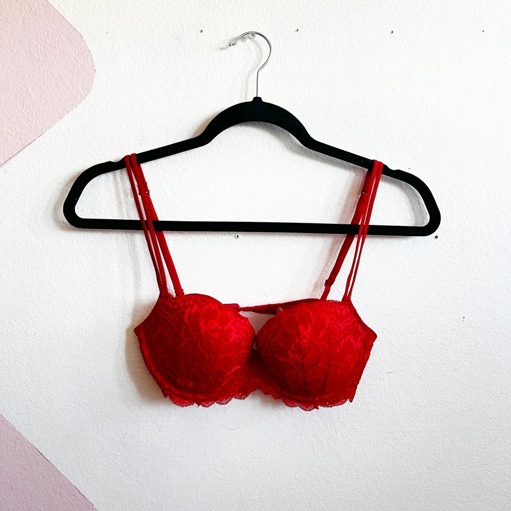 Victorias Secret‎ PINK Date Push-Up Bra 32C Red Lace Floral